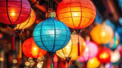 Colorful Lanterns Hanging at Night for Festive Decorations
