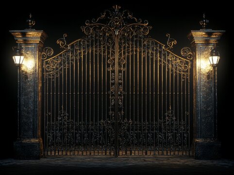 Ornate wrought iron gates at night, illuminated by lampposts, dramatic dark background - Powered by Adobe