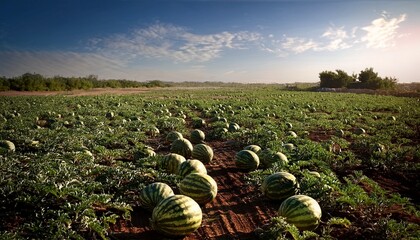 Fotografía profesional, de un campo de sandias, realista, 4k
