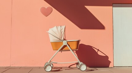 Baby stroller against a pink wall with a white door on the right side. the stroller is orange in color and has a white canopy on top. it has four white wheels and appears to be made of metal.