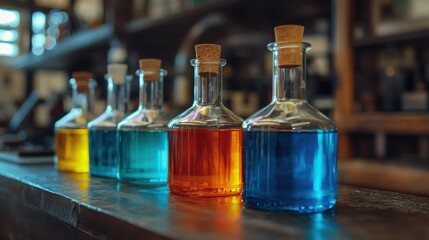 Colorful Laboratory Bottles Displaying Various Chemical Liquids