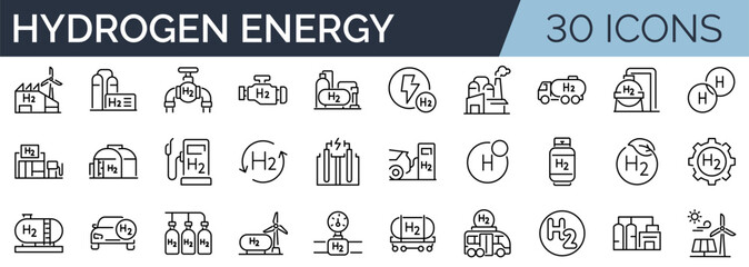 Set of 30 outline icons related to hydrogen energy. Linear icon collection. Editable stroke. Vector illustration