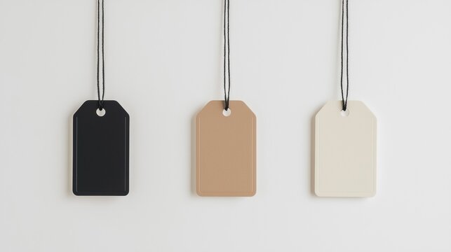 Three rectangular tags hanging from strings. the tags are black, beige, and white in color.