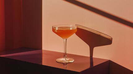 Glass of orange-colored drink on a black surface. the glass is tall and slender with a wide base and a narrow neck.