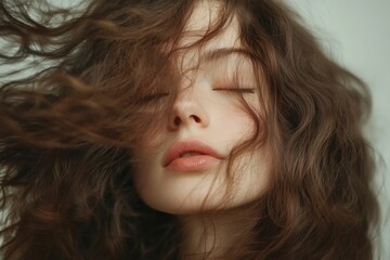 Naklejka premium Voluminous Hair. Beautiful Portrait of Young Brunette Woman with Curly Hair and Air Kiss