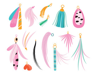 Decorative keychains and pendants for bags backpack and wallets. Feather pendant, stylish bag accessories. Fashion girly elements, vector clipart