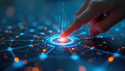 Finger touches digital interface element. Biometric authentication, secure digital KYC verification. Online account sign-up, secure access, personal data protection, official information check,