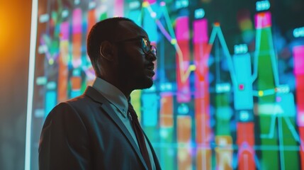 Businessman Analyzing Colorful Sales Data in a Professional Setting