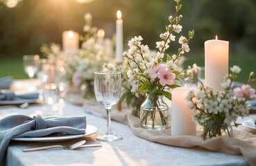 Rustic elegant wedding reception table decor with flowers in bloom. Marriage holiday event outdoors in garden with candles. Beautiful dinning decoration. Sustainable spring luxury marriage green