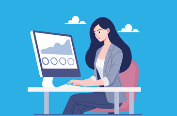 Woman analyzing data on a computer, showcasing concentration and productivity in the workplace.  Perfect for business, technology, and data analysis themes.