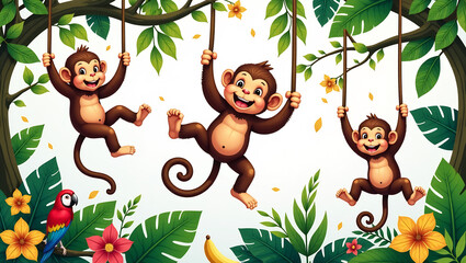 Swinging Monkeys in Jungle Vines - A seamless pattern of monkeys swinging and chattering among lush vines.