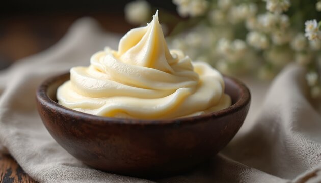 Whipped beef tallow in wood bowl on table. Natural, fresh, culinary fat for cooking or skincare, full of nutrients. Healthy rendered suet tallow for carnivore, paleo, keto diet.
