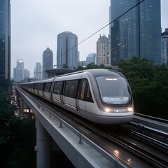 Fototapeta premium Modern train speeds through city, elevated track, dawn, urban commute