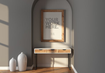 Vertical art poster with wooden frame mockup hanging above table