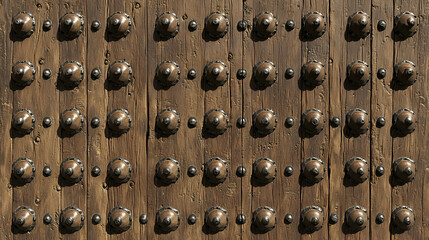 Obraz premium Ancient Wooden Door Studs Texture, Sunlight, Medieval City Background, Design Resource