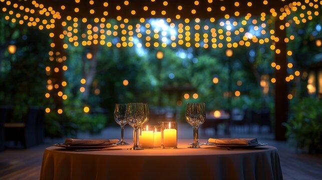 Romantic dinner setting under twinkling lights - Powered by Adobe