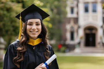 Confident graduate in cap and gown proudly holding diploma outdoors