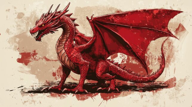 Welsh Dragon Emblem with Bevel Effect in Patriotic Red Illustration