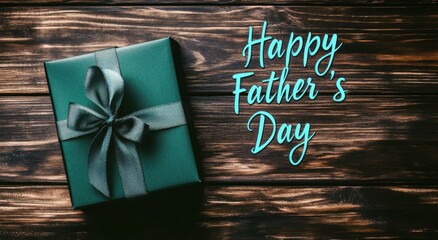 Dark green gift box with ribbon on wooden background and Happy Father's Day inscription in blue letters. Concept of fatherhood, love for dad on his special day and family celebration.