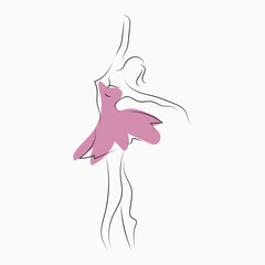 Hand drawn little beautiful ballerina girl stand with flowers on her head.Dancer in pink tutu and pointe shoes.Line Stock Vector illustration isolated on white background.