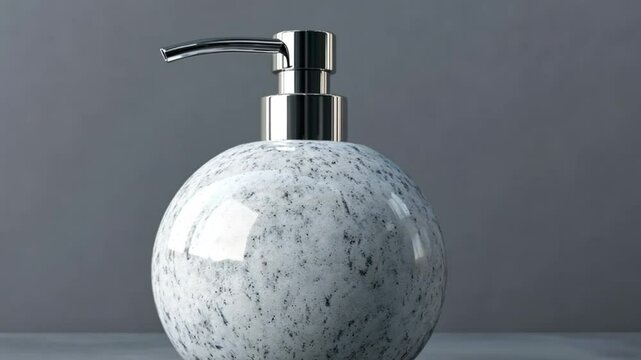 Round marble soap dispenser on gray background. Possible use Home d&eacute;cor