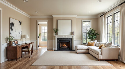 A living room with a fireplace and a couch
