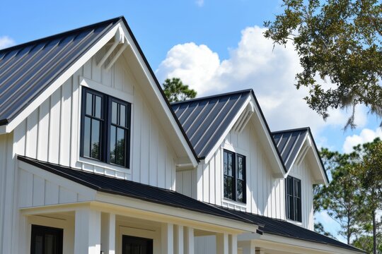 White Board And Batten. Destin, Florida Bungalow House with Peak Roof and Black Trims