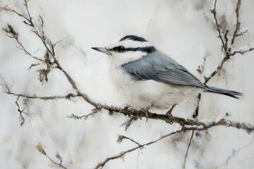 White Breasted Nuthatch - Small Bird with Grey Feathers in Winter