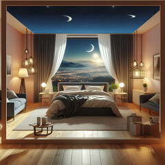  a luxurious and modern bedroom with a breathtaking nighttime view The room features a large bed with elegant bedding, soft pillows, and a cozy blanket draped across it The walls are adorned 