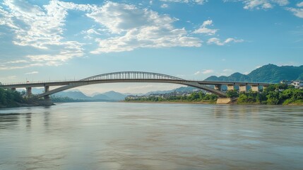 Obraz premium Tranquil river view featuring a bridge, distant mountains, and cloudy sky