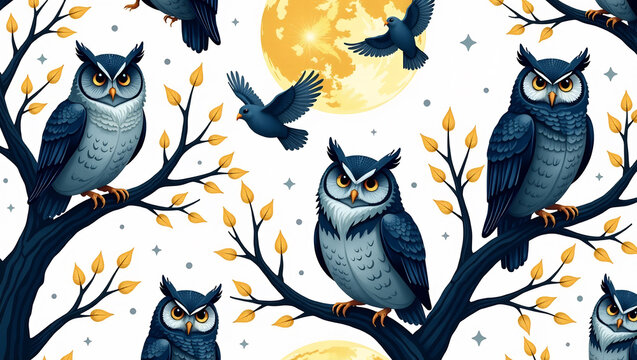 Hooting Owls in Moonlit Trees - A seamless pattern of owls perched in trees under a glowing full moon.