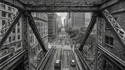 Fototapeta premium Monochrome city street viewed from elevated bridge, traffic below, skyscrapers in background, urban landscape design