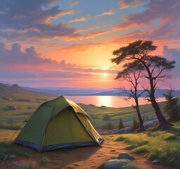 Illustration of camping with tant and wild landcape.