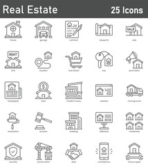 Real Estate Line Icons Set. Collection of 25 outline icons representing properties, real estate transactions, homes, and buildings. Editable stroke vector illustration.