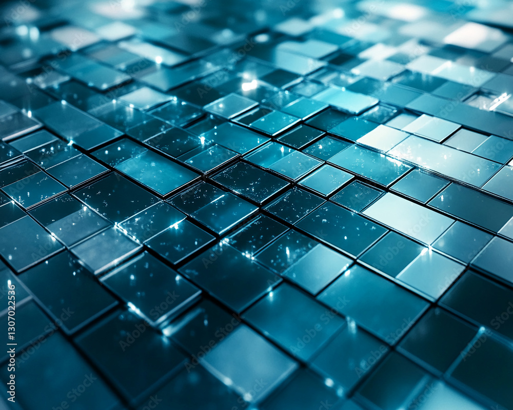 Poster close-up of glossy teal square tiles, creating a textured, geometric pattern. suggests technology, i