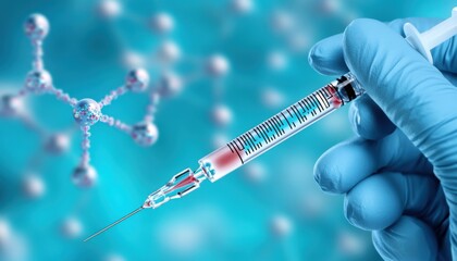 A gloved hand holds a syringe against a scientific background, symbolizing medical and pharmaceutical concepts.