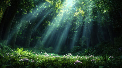 Obraz premium Captivating forest scene with sunbeams piercing through trees, creating serene atmosphere
