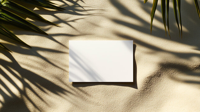 Blank white business card mockup on textured sand beach with palm leaf shadows