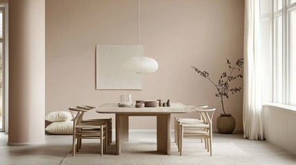 Fototapeta premium A contemporary dining area featuring a wooden table and chairs
