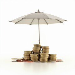 Stacks of coins under an umbrella. Concept of business protection and security