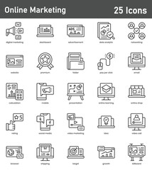 Online Marketing Line Icons Set. 25 outline vector icons illustrating digital marketing, online , social media campaigns, email marketing, and web promotion. Editable stroke vector illustration.