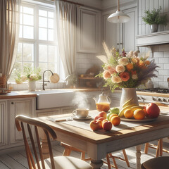  a warm and inviting farmhouse-style kitchen bathed in natural morning light