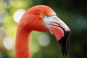 A flamingo in soft-focus, with detailed emphasis on its beak and eyes.