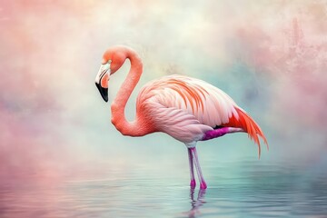 Fototapeta premium A flamingo in soft pastel colors, standing delicately in the water.