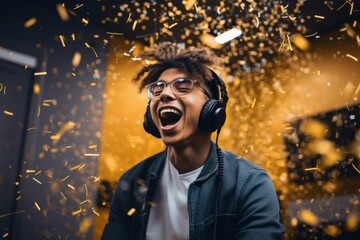 Content creator laughing adult men.