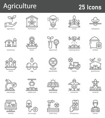 Agriculture Line Icons Set. 25 outline vector icons depicting farms, crops, harvesting, gardening tools, rural landscapes, and sustainable farming activities. Editable stroke vector illustration.