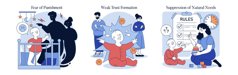 Authoritarian Parenting Style. Flat Vector Illustration