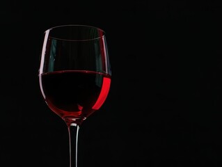 A full glass of red wine illuminated against a dark background