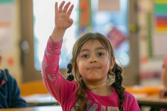 Enthusiastic girl raising hand in class, eager to learn