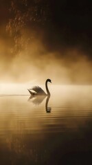 A serene swan gliding through a foggy lake at dawn